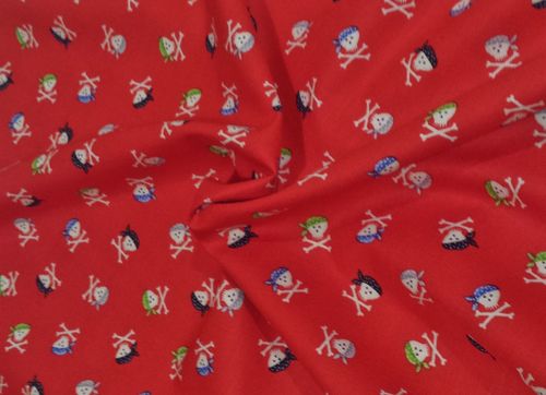 Baumwolldruck Piraten Skulls, Rot mit bunten Kopftüchern 0,5m